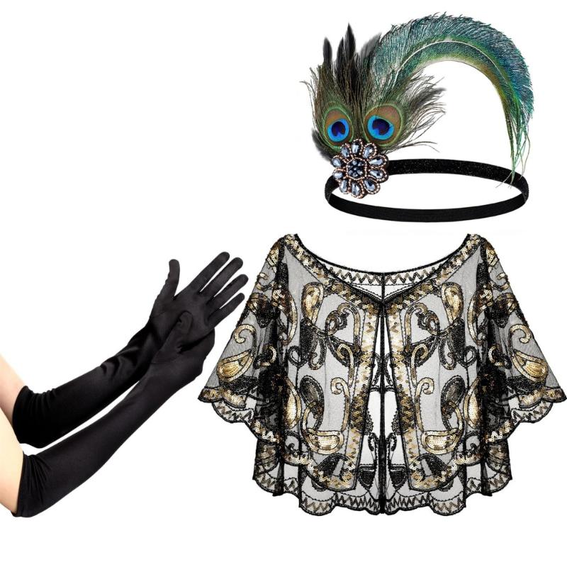 Vintage 1920s Flapper Party Women Costume Accessories Set Feather Headband Necklace Earrings Gloves for Cocktail Party
