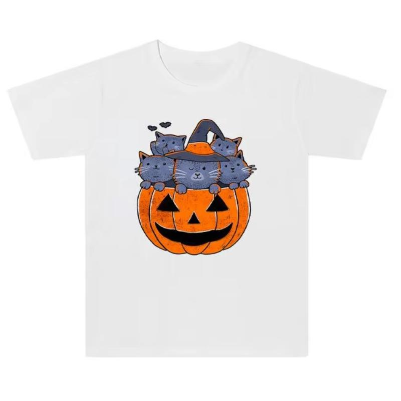 

2025 AutumnWinter new Halloween Pumpkin Cat print Tshirt loose and sporty shortsleeved cotton top for men and women 3XL