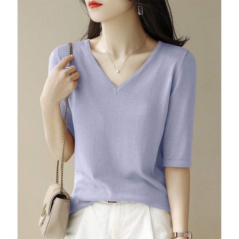 

Зеленая футболка с V-образным вырезом, рукавом до локтя, открытыми плечами, из ледяного шелка Lavender purple M