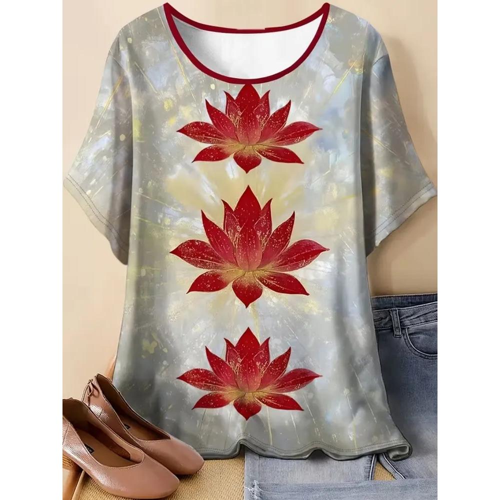 Casual Simple Flower Printed Top Women's Versatile Short Sleeve Daily Comfort T-Shirts Women’s