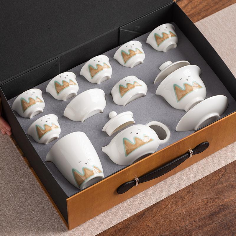 Talgjade Porzellan Kung Fu Tee-Set Deckelschale Teetasse Teekanne Geschäftsgeschenk 11-teiliges Set für leitenden Lehrer Vater