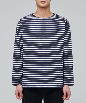 Striped Boat Neck Long Sleeve T-Shirt [Navy/Ivory]