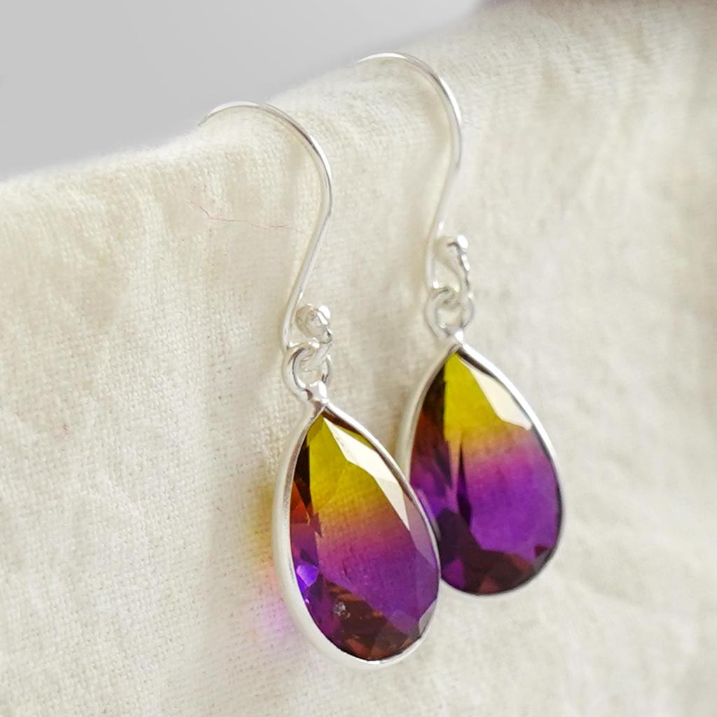 Ametrine Quartz Earrings, Bezel Earring, Handmade Earring, 925 Sterling Silver Teardrop Quartz Earrings, Gift for Her