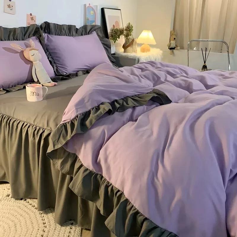 Ins Princess Style Bedding Set For Woman Cute Girl Solid Color Ruffles Duvet Cover Queen King Bed Sheet Bed Skirt Pillow Covers