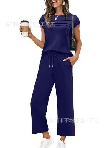 European and American women's clothing is popular, spring and summer knitted short-sleeved wide-leg pants casual two-piece set