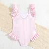 Girls One Piece Swimsuit Ruffle Detail Sleeveless Striped Pattern Swimwear Kids Beachwear Suitable for Swimming and Water Activities