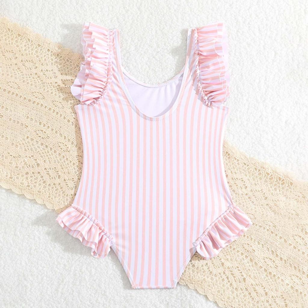 Girls One Piece Swimsuit Ruffle Detail Sleeveless Striped Pattern Swimwear Kids Beachwear Suitable for Swimming and Water Activities