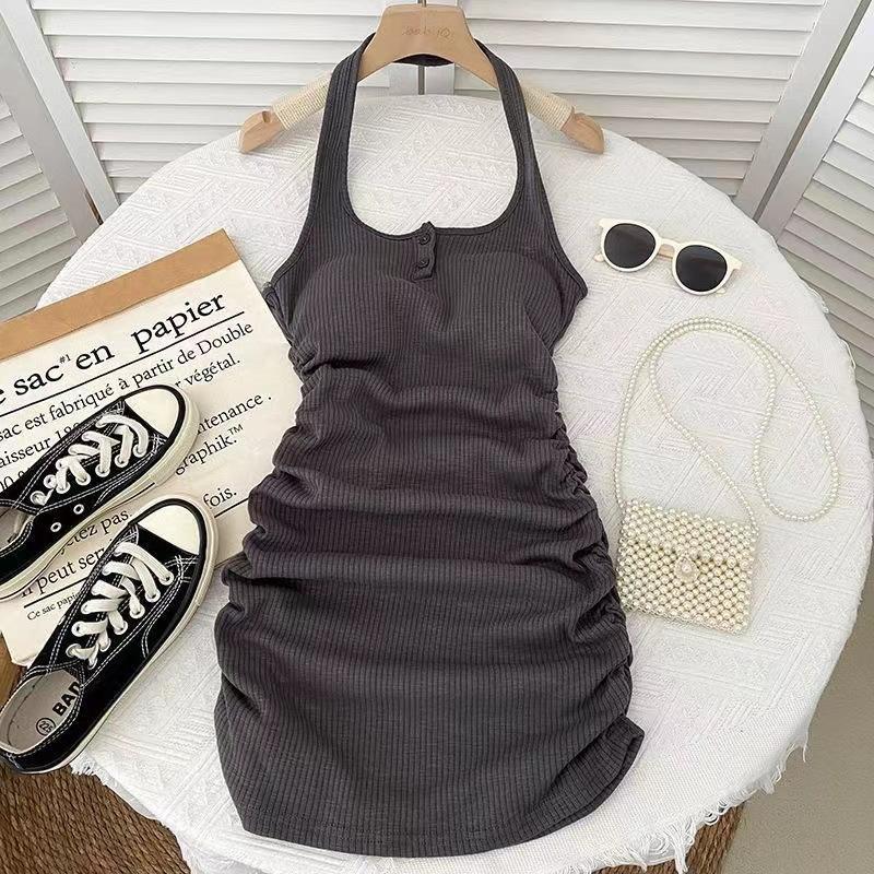 Sexy Spice Girl Fashion Neck Dress with Chest Pad Women's Summer New Slim Folds Buttocks Sleeveless Short Skirt