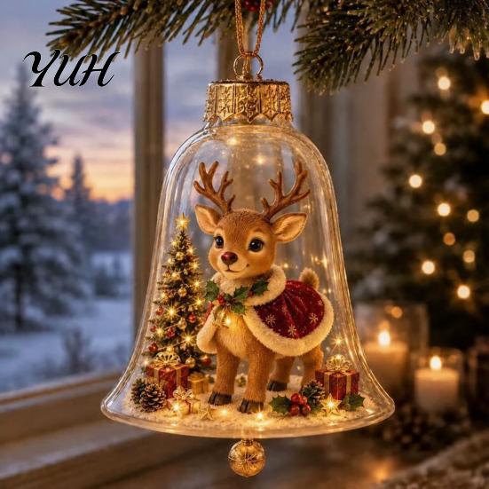 Vintage Christmas Tree Decor 3D Bell Ornament, Winter Scene Clear Decoration with Santa Holiday Home Atmosphere Enhancements Snowman Reindeer