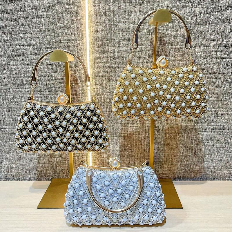 2025 Luxury Design Brand Full Pearl Evening Clutch Bags Women Shiny Crystal Diamond Handbags Wedding Party Banquet Shoulder Bags