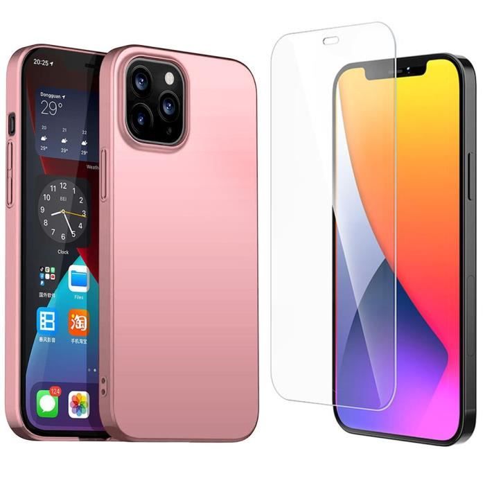 Coque pour iPhone 12 + [Verre Trempé Protection écran], Housse Etui en Rose Silicone TPU Souple