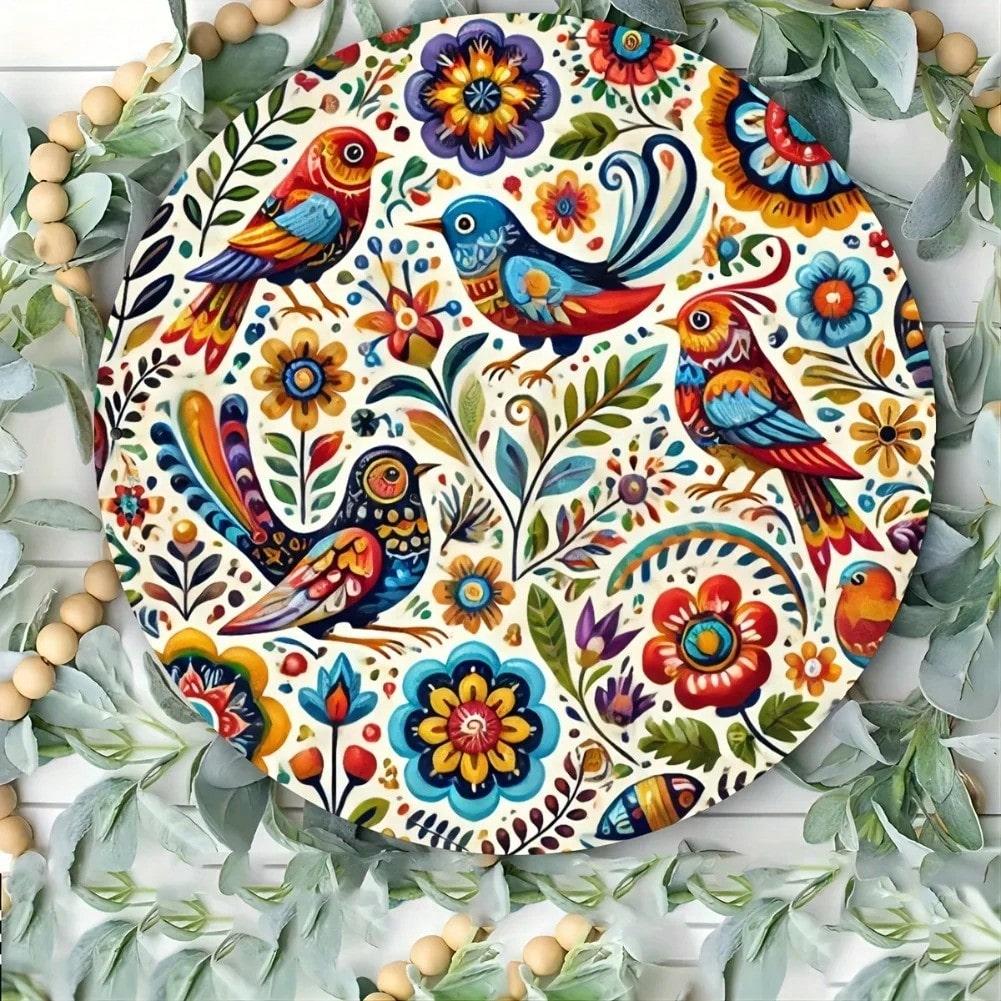 

Vintage Mexican Bird Flower Round Metal Wall Art Decor 8x8 Inch Iron Sign 20x20 різнокольоровий