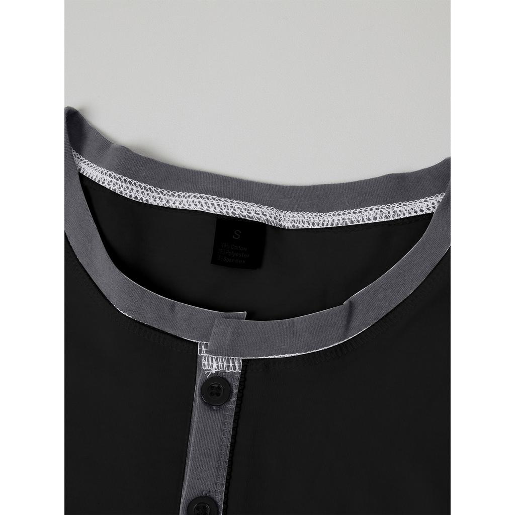 Men's Casual Long Sleeved Retro T-shirt With Three Buttons And Color Blocking Shirt