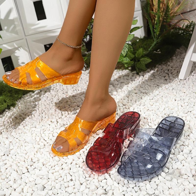Fashion Summer New Outside Fashion Wedges Heels Peep Toe Cut-outs Flowers Bling Crystal PVC Women Slippers Ladies Jelly Shoes