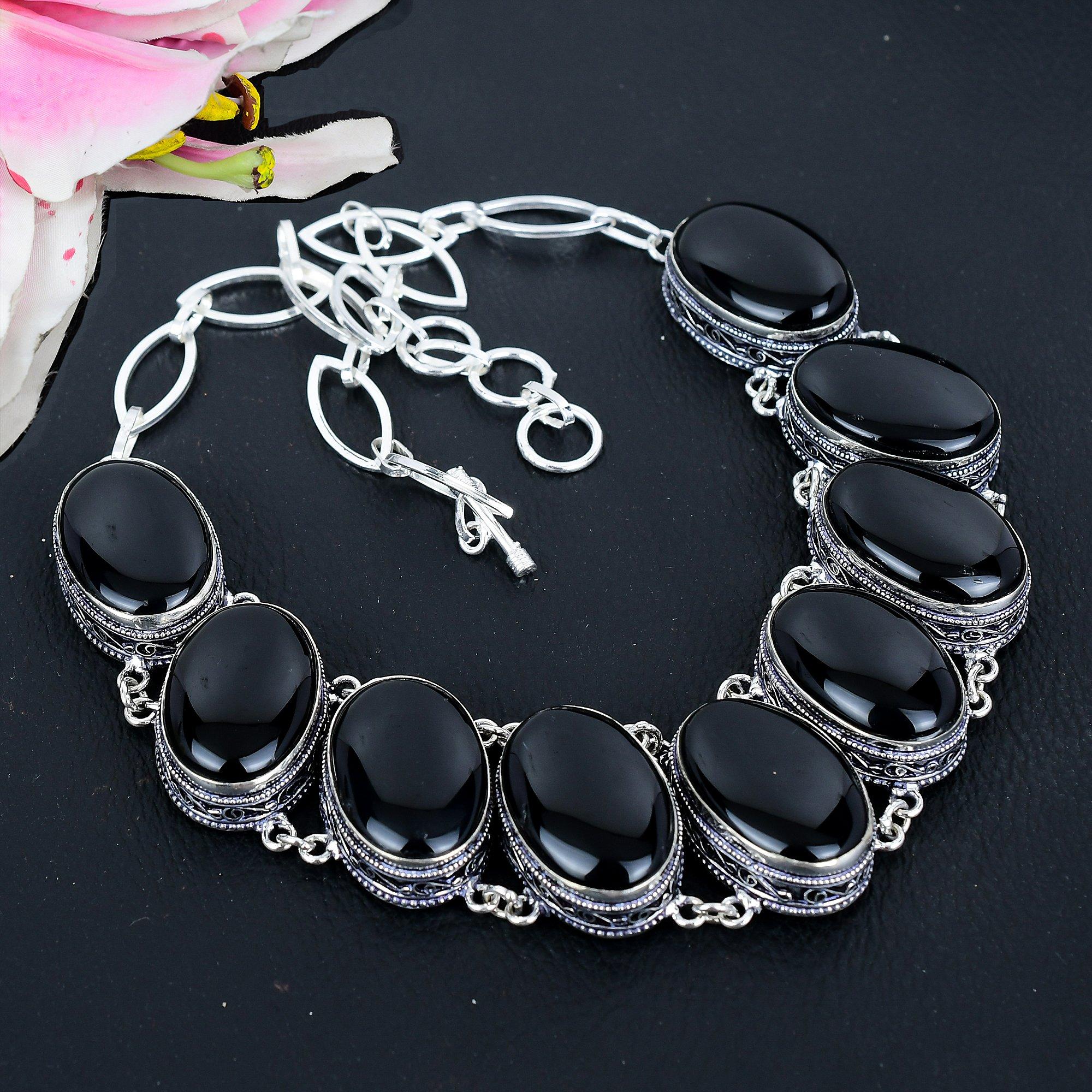 

Black Onyx Gemstone Handmade 925 Sterling Silver Jewelry Necklace 18 KG-1647
