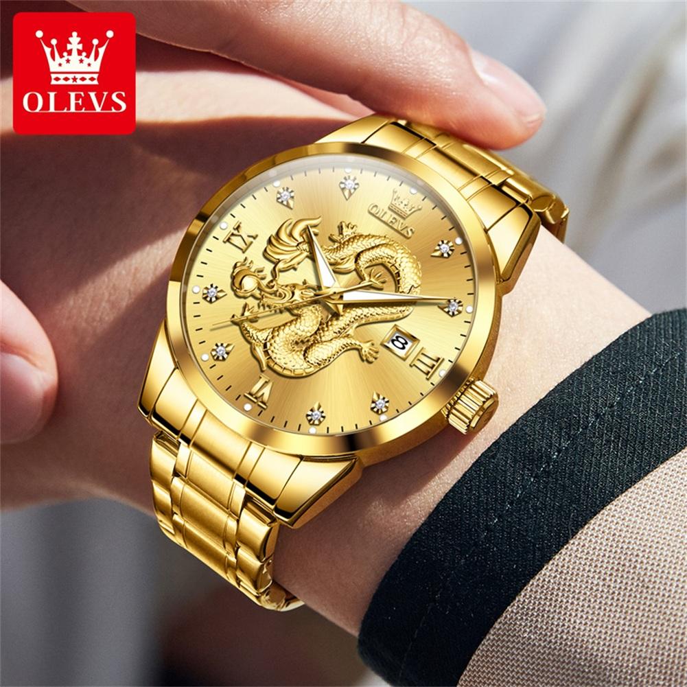 OLEVS Mens Watches Top Brand Luxury China Loong Dragon Dial Gold Quartz Watch for Men Waterproof Luminous Date Fashion Wacth Men