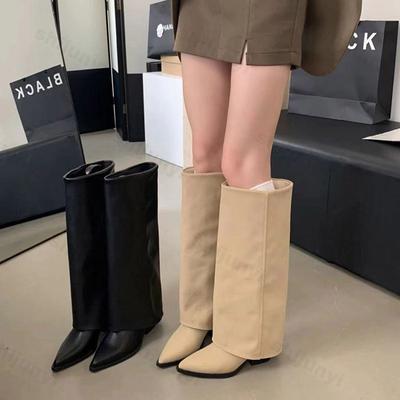 Botas de Cano Alto de Salto Grosso com Bico Fino Novo Outono Inverno Feminino Vintage Até o Joelho Salto Alto Cowboy Ocidental Feminino