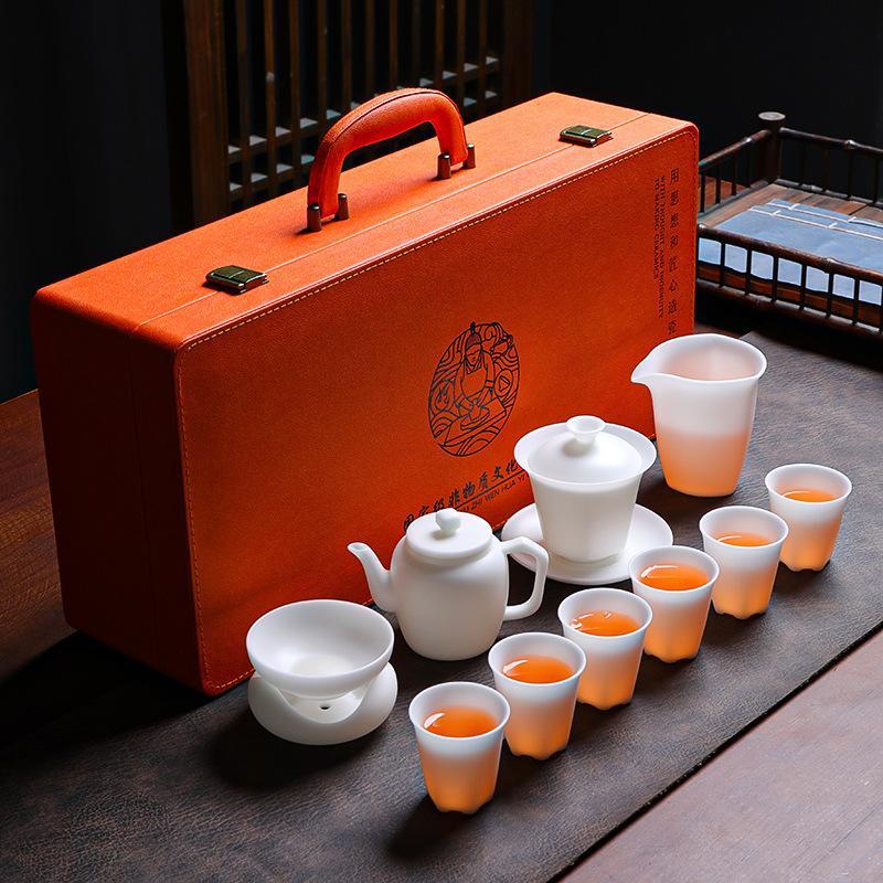 High-end Vegetarian-fired Suet Jade Porcelain Ice-type Kung Fu Tea Set, Household Gifts for Customers, High-end Business Gift Set