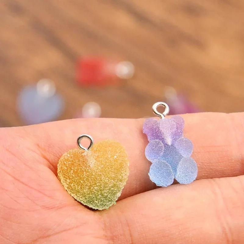 20Pcs Mix Size Colorful Bear Hearts Charms Resin Cabochons Glitter Gummy Candy Necklace Keychain Pendant DIY Making Accessories