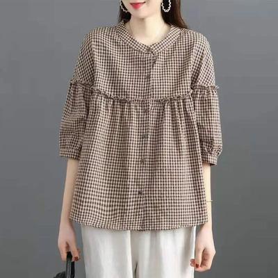Korean Women's Spring Summer New Splicing Round Neck Button Pattern Fashion Loose Casual Shirts