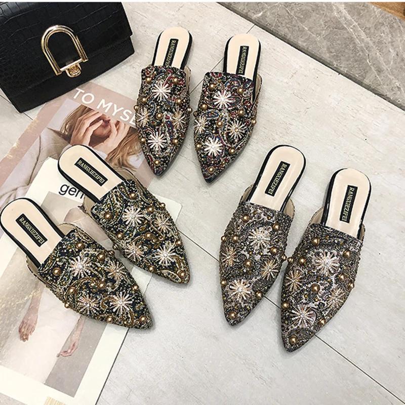 Luxury Women Mules Ladies Summer Chinese Slippers Women Shoes 2025 New Low Heels Flat Casual Shoes Woman Flip Flops