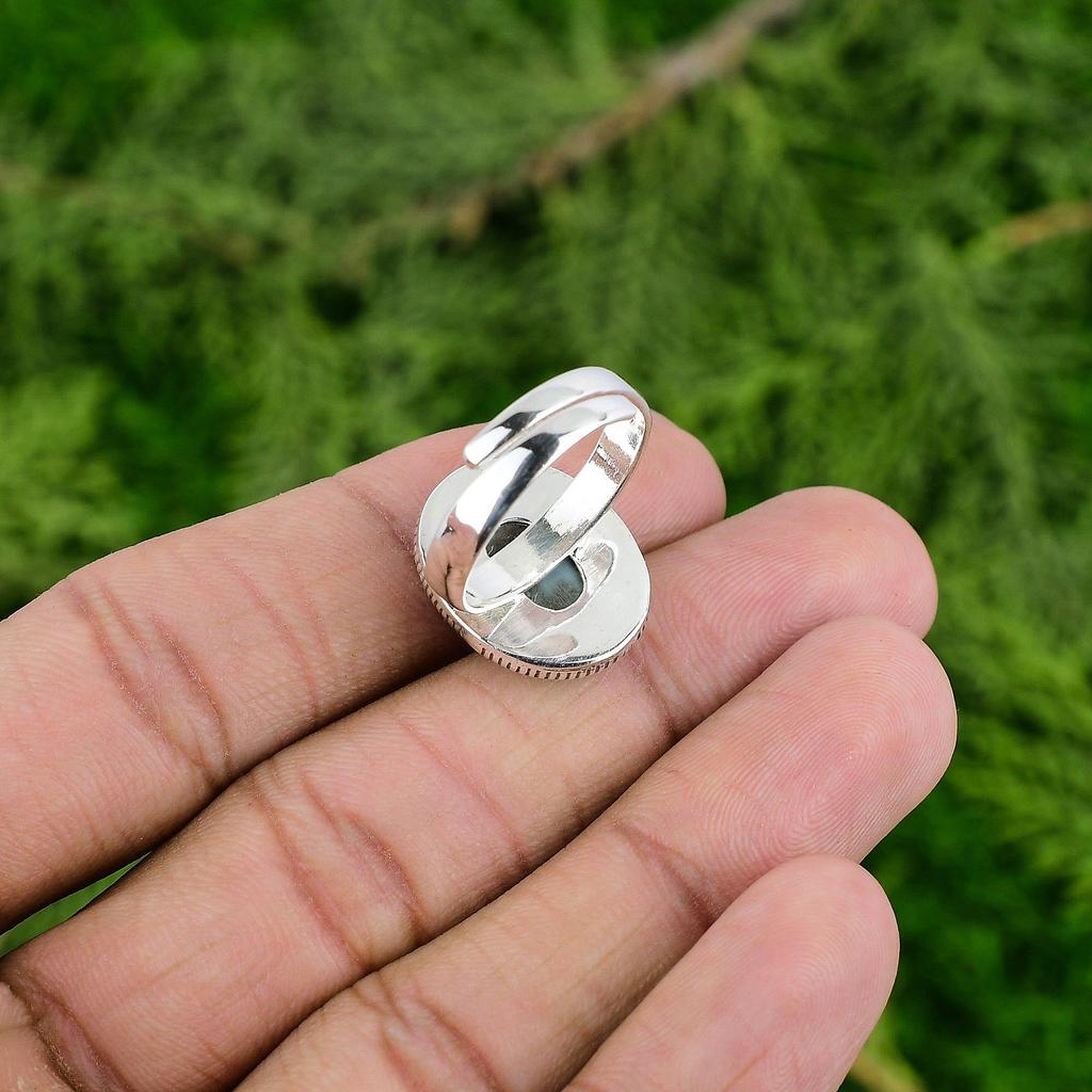 Mothers day Sale Natural Larimar Sterling Silver Bezel Stackable Ring Jewelry