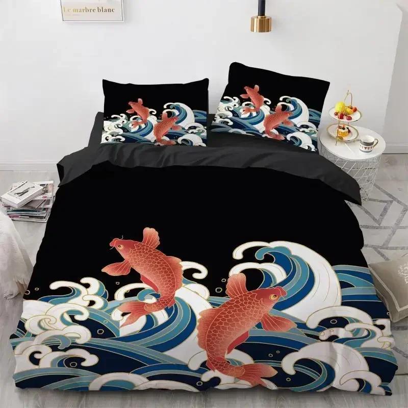 Wave Duvet Cover Set Hokusai Pattern Japanese Ukiyoe Quilt Cover Oriental Sketch Style Ocean Queen Twin Polyester Bedding Set