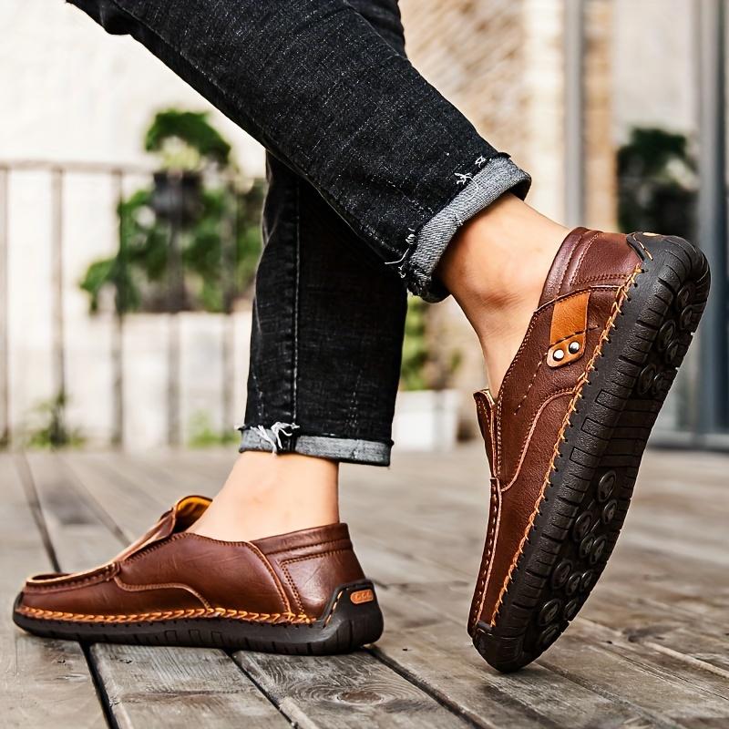 Hand-stitched Men's Outdoor Casual Shoes,Slip-on Flat Leather Shoes,Spring Breathable Plus Size Loafers