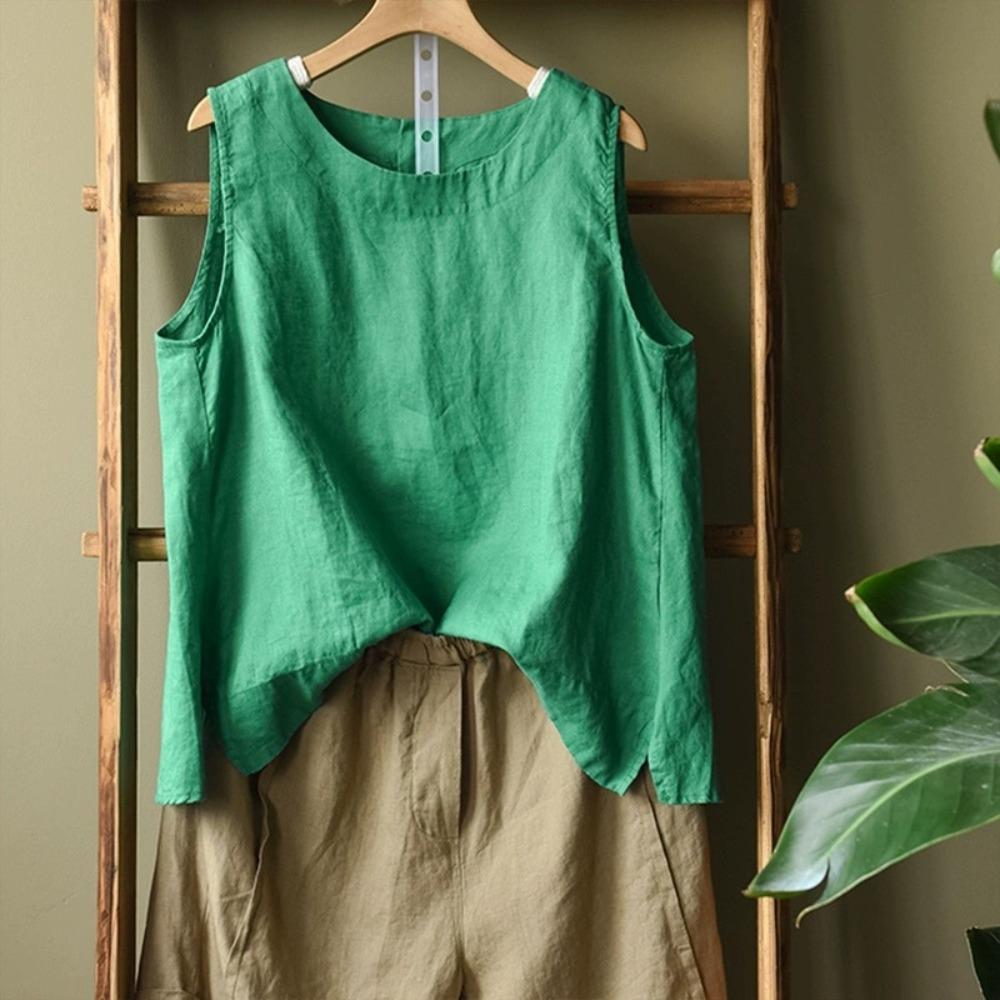 Women Solid Linen Sleeveless Tank Top Round Neck Loose Side Split Casual Vintage Literary Summer Camisole Blouse