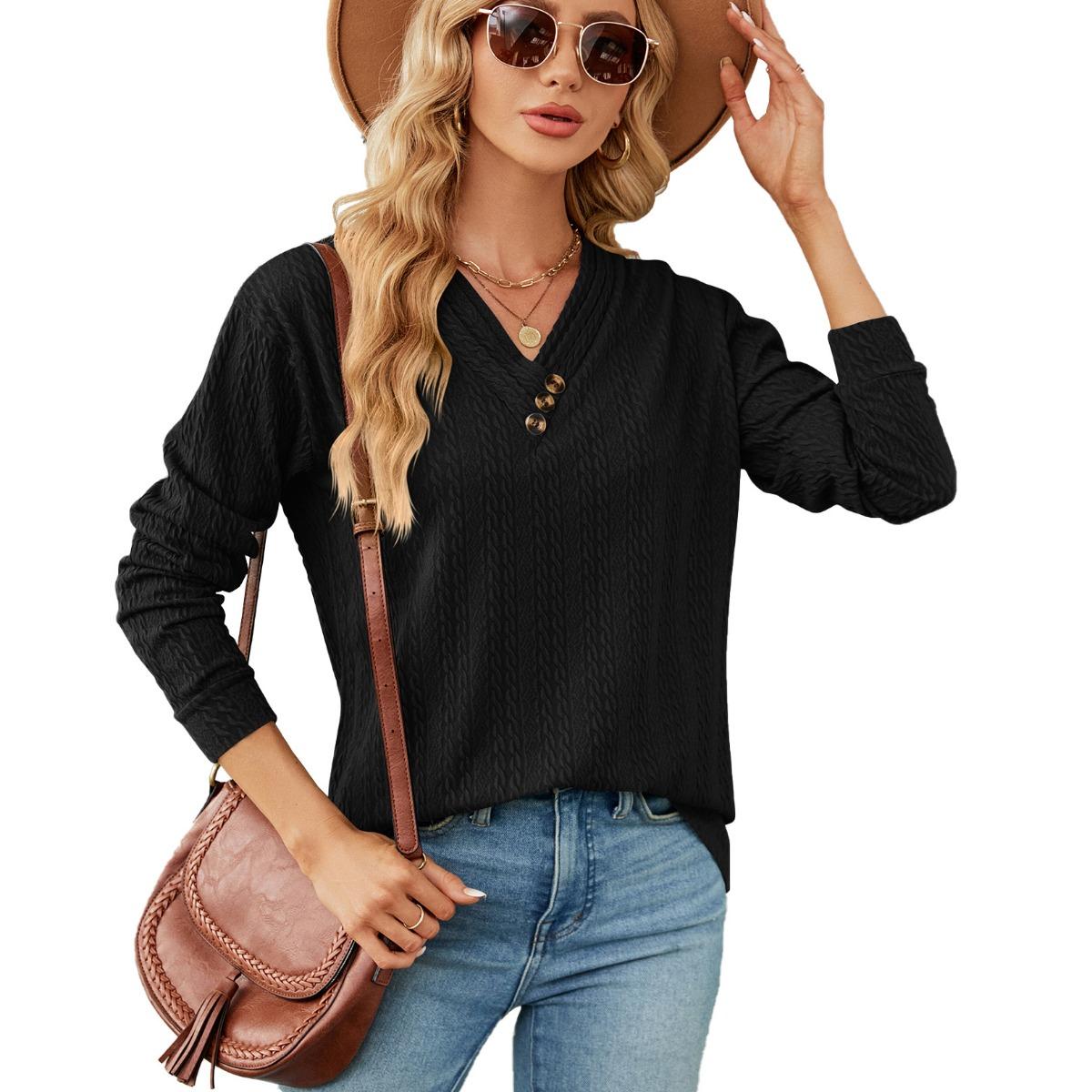 

Fall Winter Women s Solid V-Neck Button Loose Long Sleeve T-Shirt Top, European American Style Casual Blouse for Crossborder S чёрный
