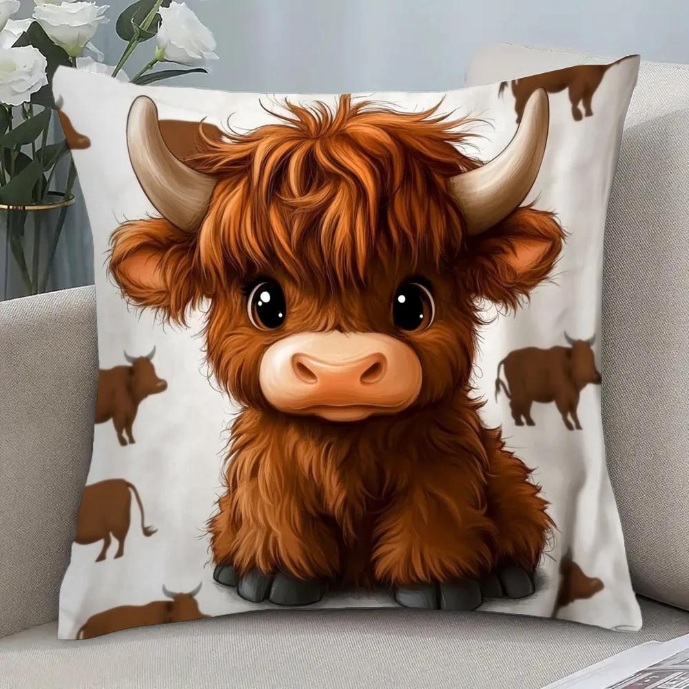 Jessica Chen Unisex Highland Cow Printed Cushion Covers Zipper Square Sofa Pillowcase Bedroom Chair Pillow Covcers Home Living Room Decortions