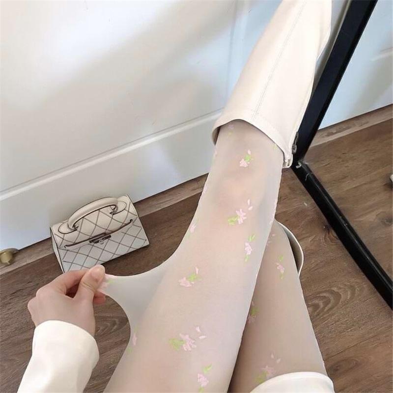 Pink pattern floral pantyhose Japanese sweet girl soft girl stockings pure desire milky white bottoming stockings long stockings