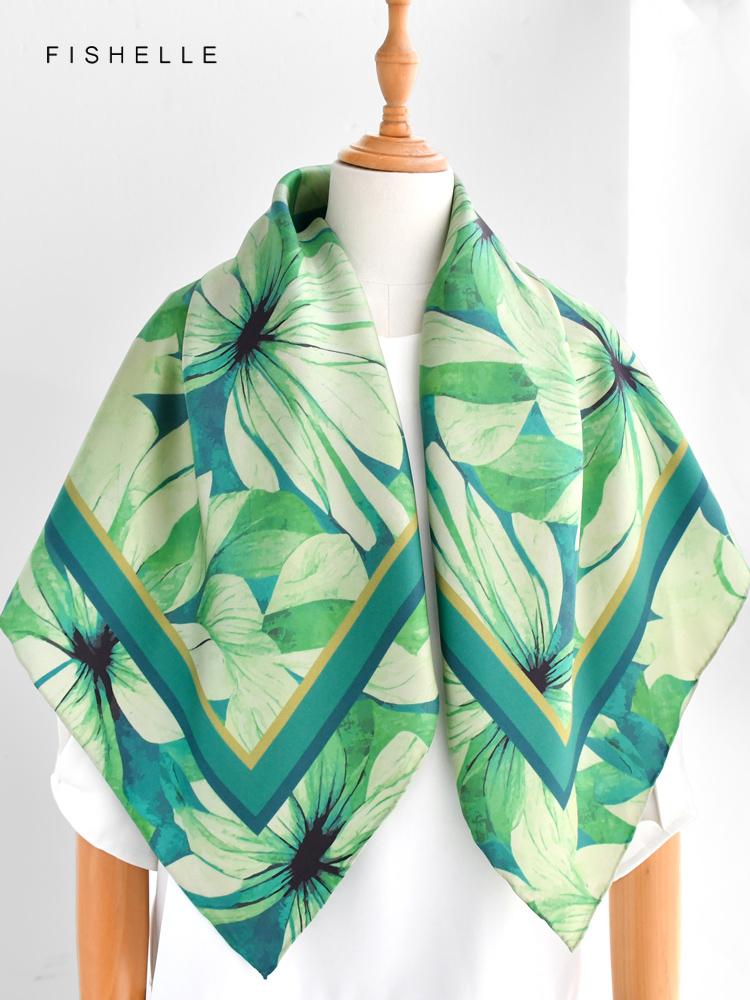 Green Flowers 100% Natural Silk Scarf Women Twill Shawl Wrap Bandana Hijab Luxury Gifts Headband Square Kerchief 90CM