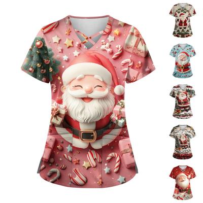 Damska bluzka z krótkim rękawem i dekoltem w serek, z nadrukiem świątecznym i kieszeniami