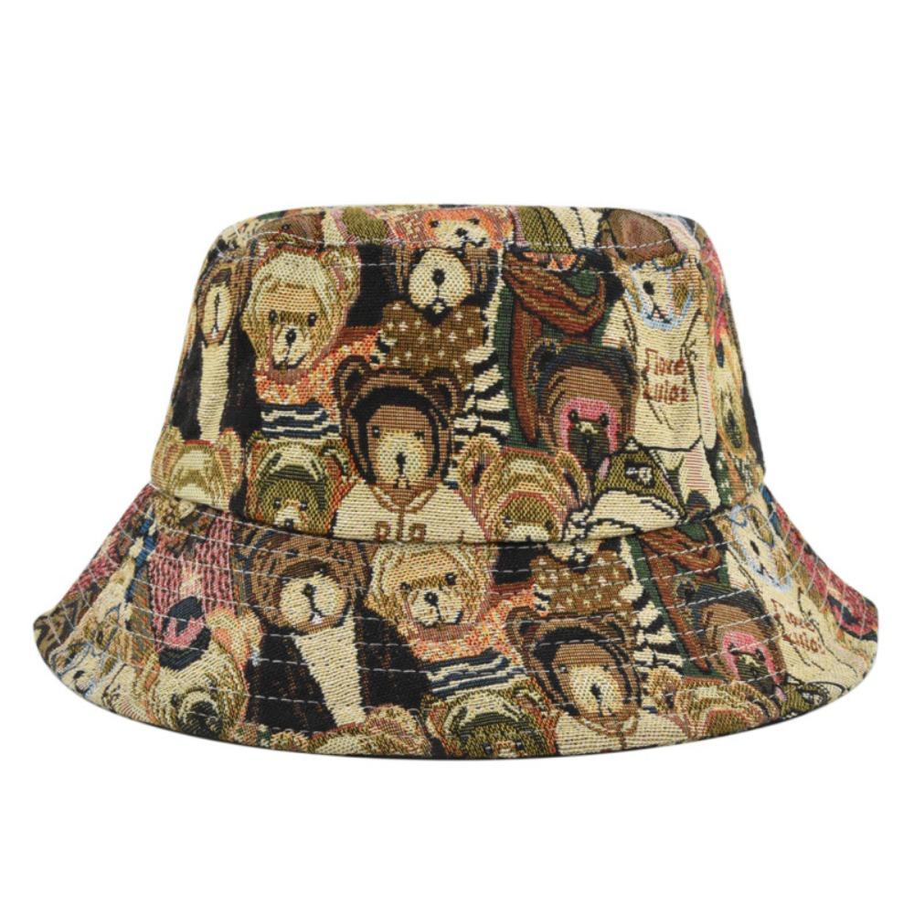 Cartoon Little Bear Fisherman Hat Cotton Hemp Cloth Jacquard Sun Protection Hat Foldable Face Covering Sun Caps Girl