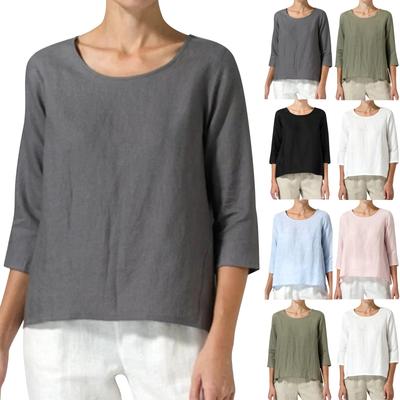 Women's Round Neck Cotton Linen 3/4 Sleeve Casual Loose Solid Color T-Shirt