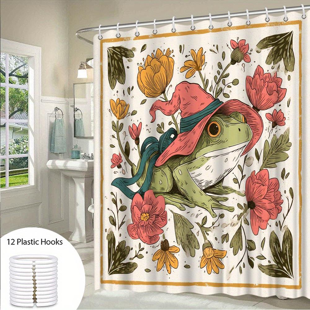 1 Stück skurriger Frosch-Duschvorhang mit bunten Blumen - 2D-bedrucktes Polyester-Badezimmerdekor, 70,8x70,8 Zoll, maschinenwaschbar, In