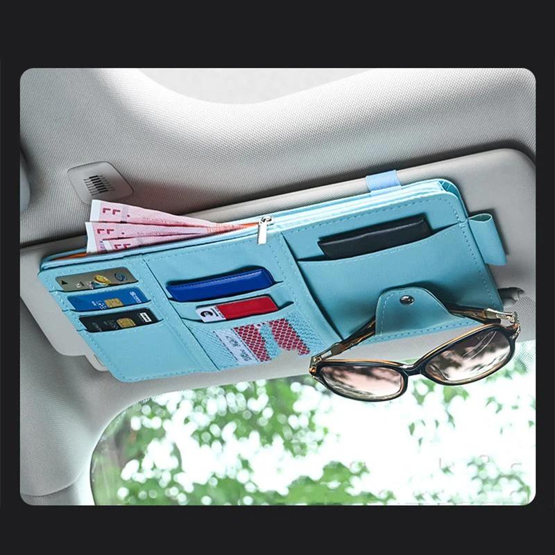 Sunshade Storage Bag Pu Leather Multi-Pocket Net Zipper Car Sun Visor Organizer Sunglasses Holder For Car Interior Accessories