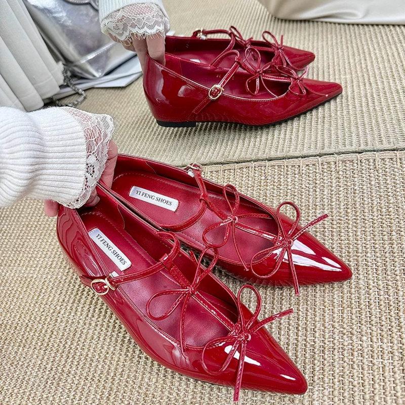 French-Style Insole Height-Increasing Single Women'S Pair, Bow Pointed-Toe Flat Shoes, Niche High-End And Elegant Evening Women'