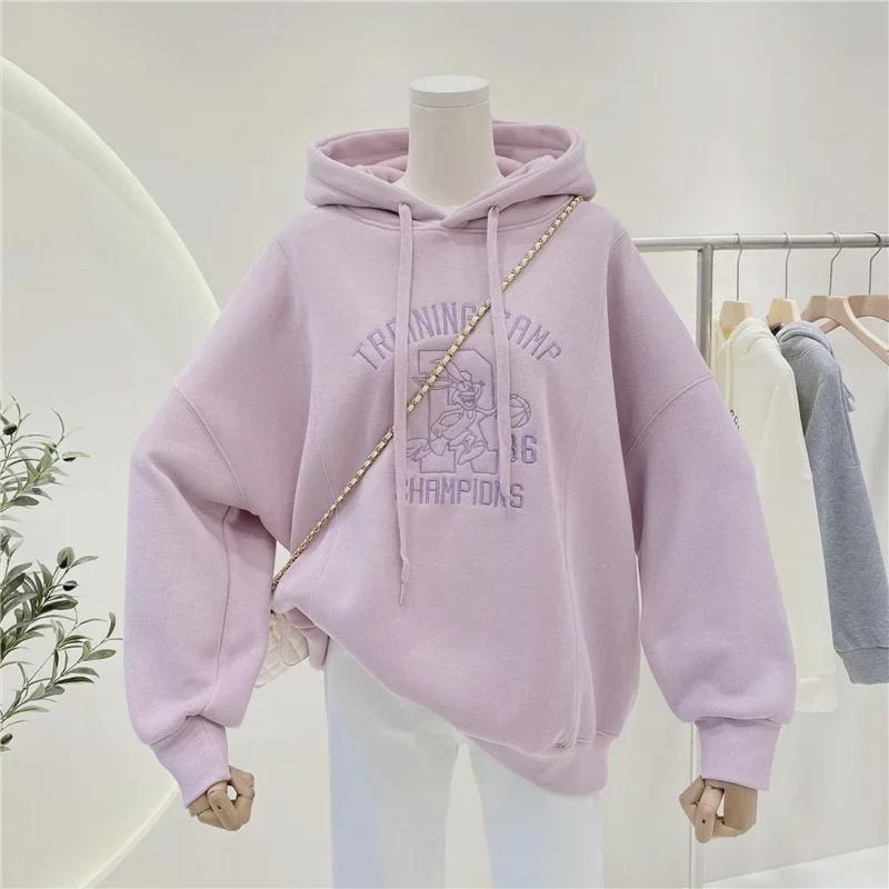 Embroidered Flower Velvet Hooded Sweater - Women's Autumn/Winter Cartoon Anime Design