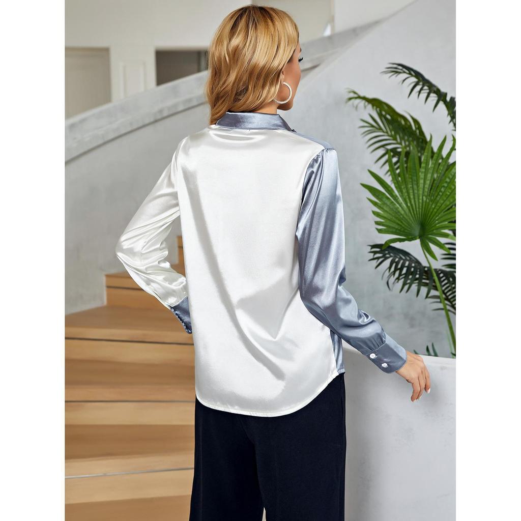 European & American Women's Color Block Silk Imitation Long Sleeve Shirt - Autumn/Winter Collection