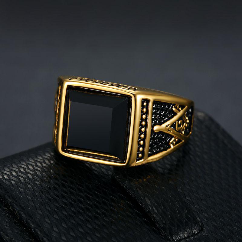 Men's Classic Retro Freemason Ring: Gold-Plated Black Agate on Titanium Steel