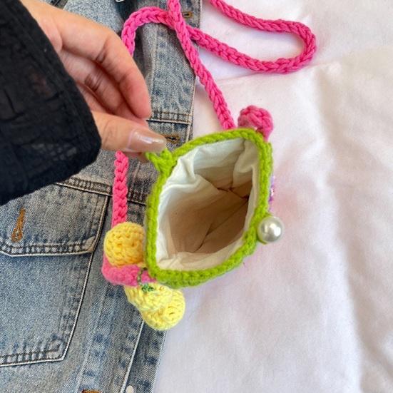 Women Crossbody Bag Colorful Crochet Cartoon Flower Pendant with Faux Pearl Lock Design