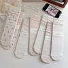 Pink Socks Women Spring and Summer Hollow Thin Breathable Women Socks Ballet Style Floral Print Polka Dot Medium Tube Socks Gift