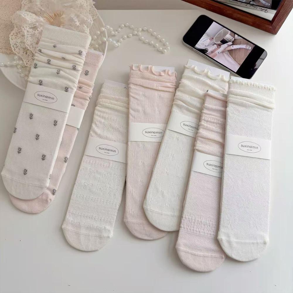 Pink Socks Women Spring and Summer Hollow Thin Breathable Women Socks Ballet Style Floral Print Polka Dot Medium Tube Socks Gift
