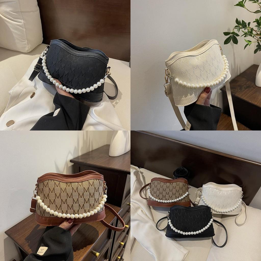 Trendy Black And Beige Pearl Chain Small Bag For Women Stylish Crossbody Purse For 2024 Spring Summer Fashion