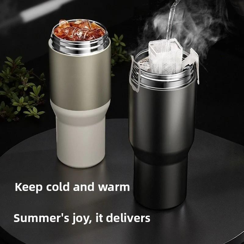 stainless steel vacuum insulated thickened coffee cup, car cup with lanyard, portable straw thermos, large capacity.