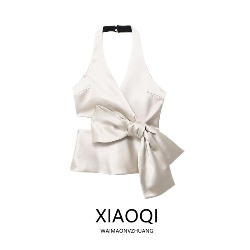 Fashion Style 2024 Summer New Arrival Women's Stylish Easiest for Match Bowknot Decoration Silk Satin Texture Tops 3506399