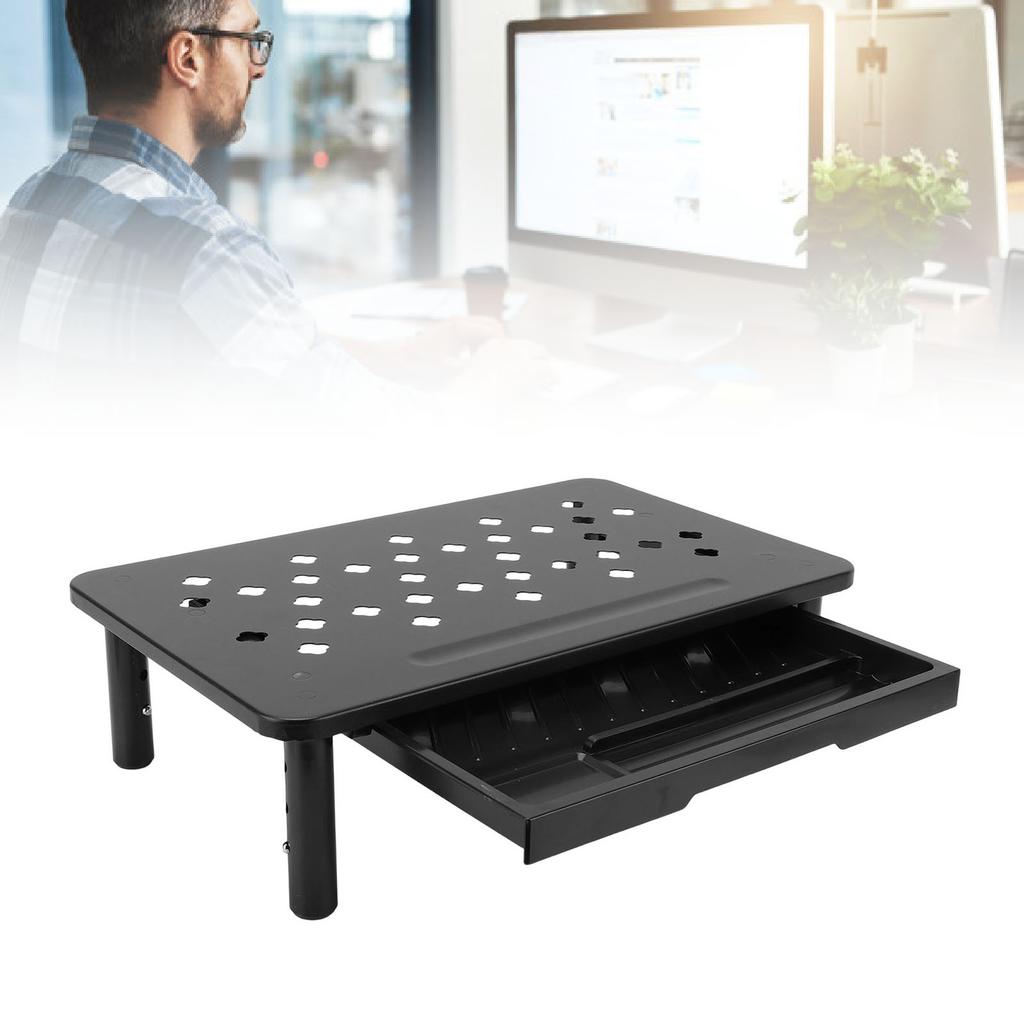 Desktop Computer Riser Stand with Drawer Vented 3 Height Metal Printer Laptop Stand Computer Storage Shelf 20KG Bearing