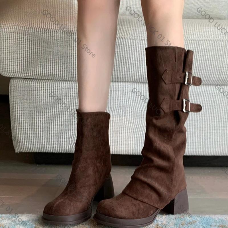 Fashion 2025 Vintage Women Trouser Legs Boots Removable Belt Buckle Autumn Winter Shoes Thick Heel Ladies Elegant Long Booties